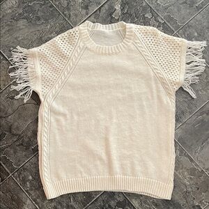 Boho Fringe Crochet Sleeve Knit Coastal Whimsical Fairy Crewneck Women’s Sweater